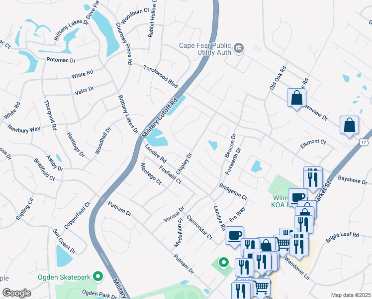 map of restaurants, bars, coffee shops, grocery stores, and more near Steele Loop in Wilmington