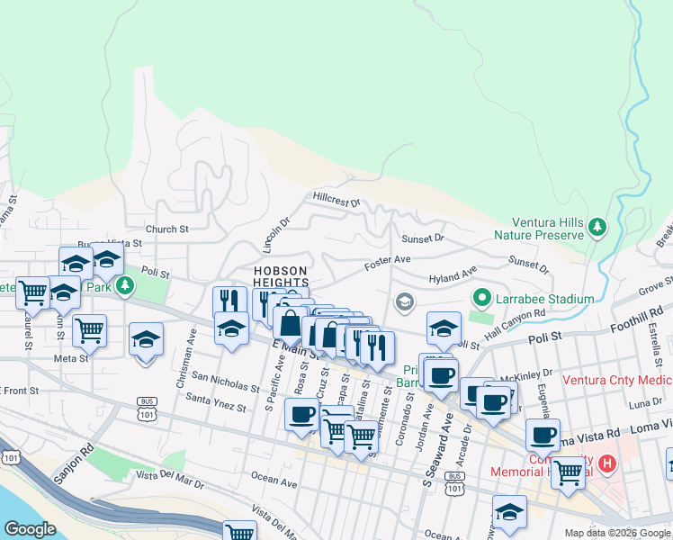 map of restaurants, bars, coffee shops, grocery stores, and more near 258 North Linda Vista Avenue in Ventura
