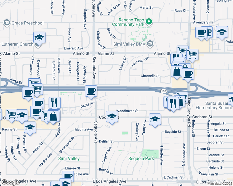 map of restaurants, bars, coffee shops, grocery stores, and more near 2606 Trenley Court in Simi Valley