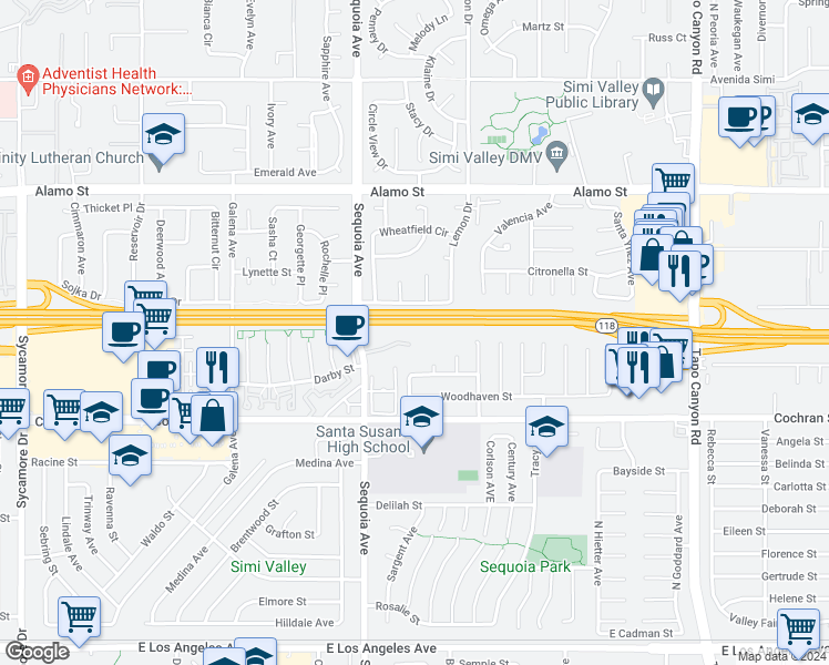 map of restaurants, bars, coffee shops, grocery stores, and more near 2606 Trenley Court in Simi Valley