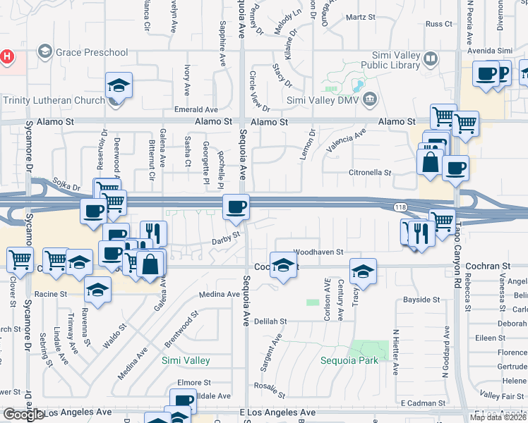 map of restaurants, bars, coffee shops, grocery stores, and more near 2607 Brindle Court in Simi Valley