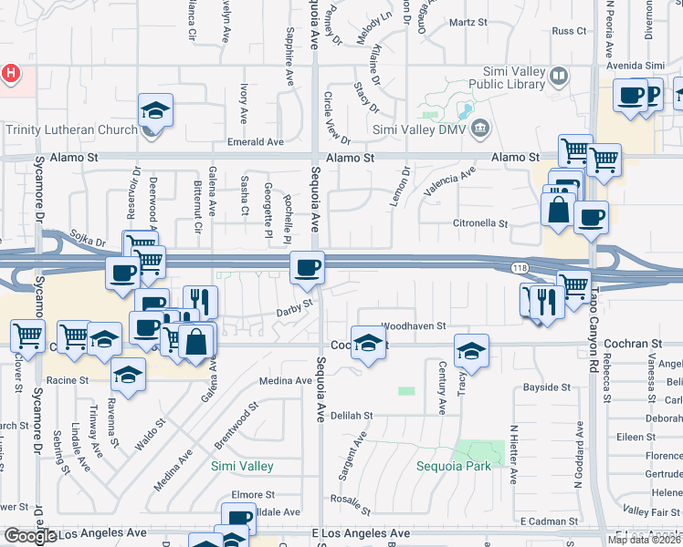 map of restaurants, bars, coffee shops, grocery stores, and more near 2607 Brindle Court in Simi Valley