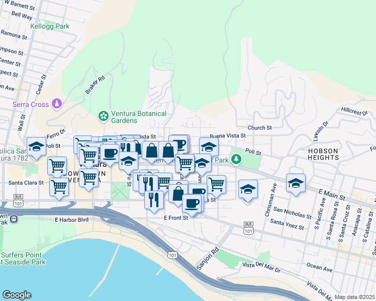 map of restaurants, bars, coffee shops, grocery stores, and more near 1066 Buena Vista Street in Ventura
