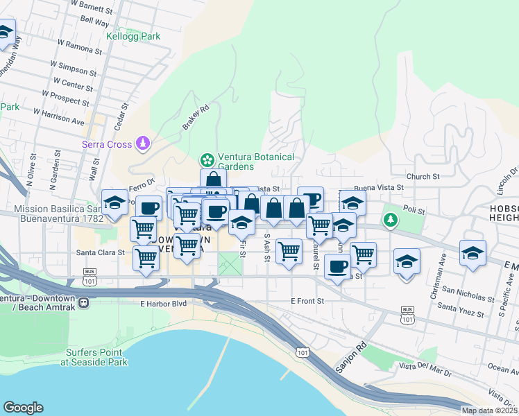 map of restaurants, bars, coffee shops, grocery stores, and more near 765 Poli Street in Ventura