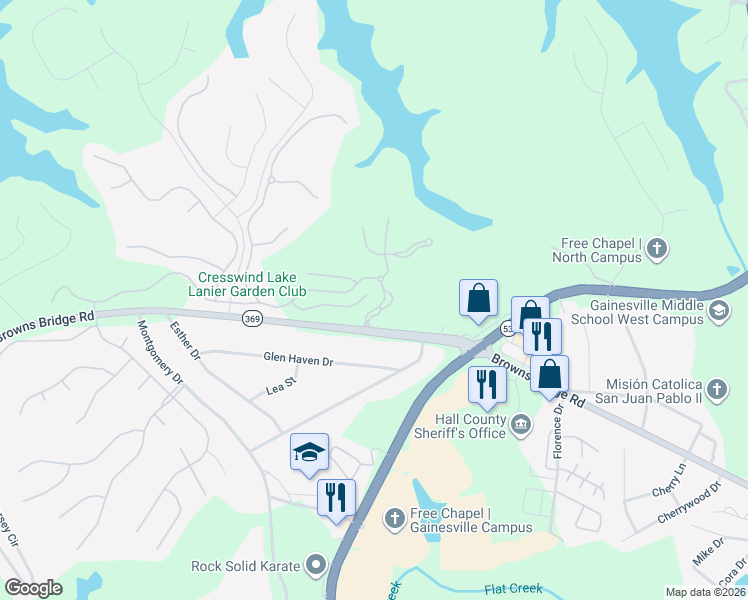 map of restaurants, bars, coffee shops, grocery stores, and more near 3188 Willow Creek Drive in Gainesville