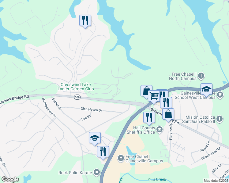 map of restaurants, bars, coffee shops, grocery stores, and more near 3188 Willow Creek Drive in Gainesville