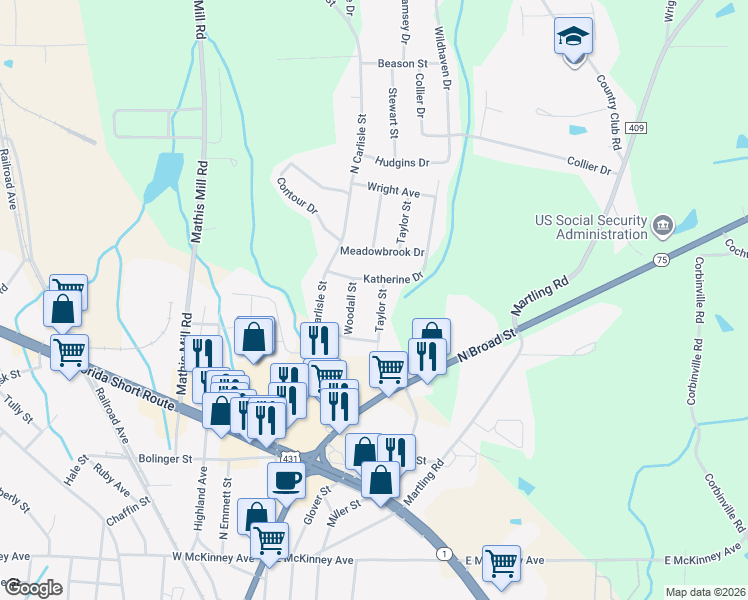 map of restaurants, bars, coffee shops, grocery stores, and more near 202 Katherine Drive in Albertville