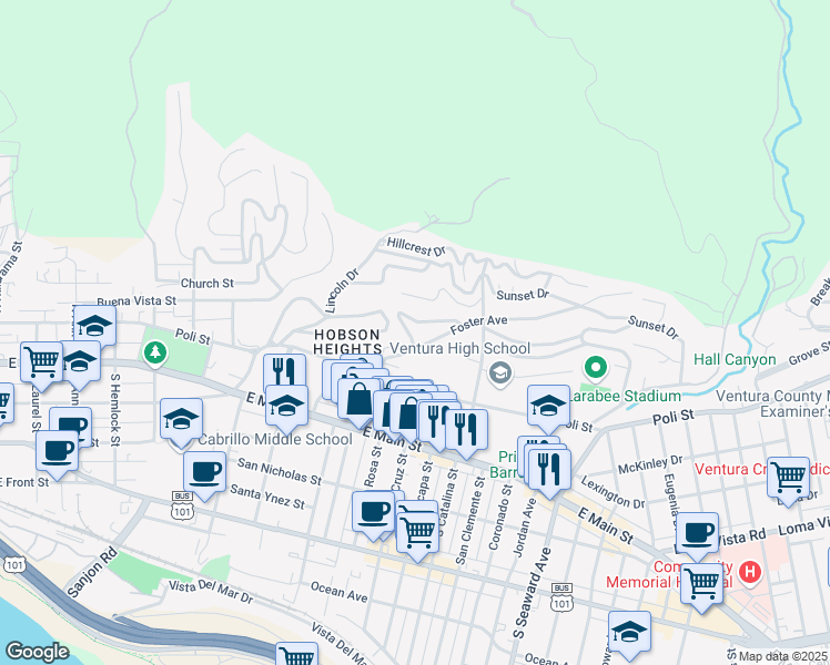 map of restaurants, bars, coffee shops, grocery stores, and more near 258 North Linda Vista Avenue in Ventura