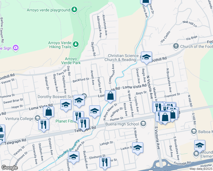 map of restaurants, bars, coffee shops, grocery stores, and more near 240 Byron Avenue in Ventura
