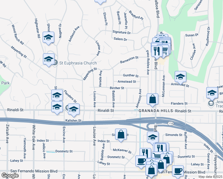 map of restaurants, bars, coffee shops, grocery stores, and more near 17200 Bircher Street in Los Angeles