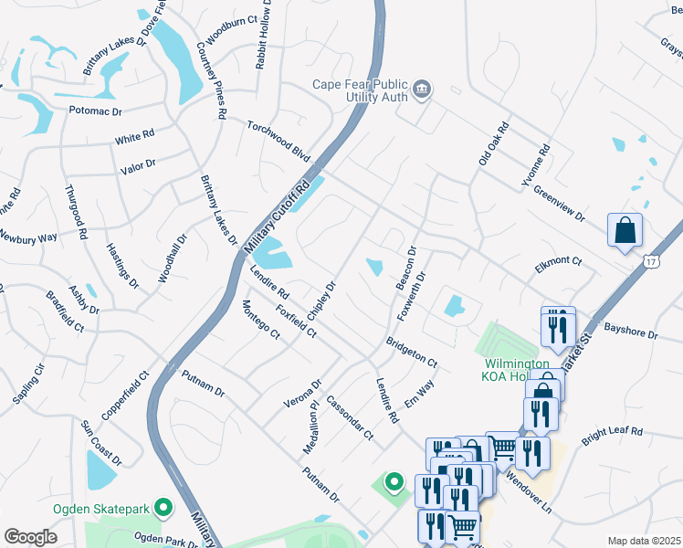map of restaurants, bars, coffee shops, grocery stores, and more near 7416 Chipley Drive in Wilmington