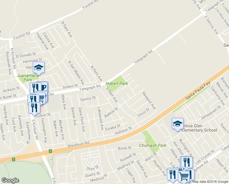 map of restaurants, bars, coffee shops, grocery stores, and more near 9319 El Cajon Street in Ventura