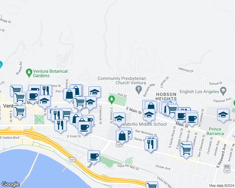 map of restaurants, bars, coffee shops, grocery stores, and more near 1359 Poli Street in Ventura