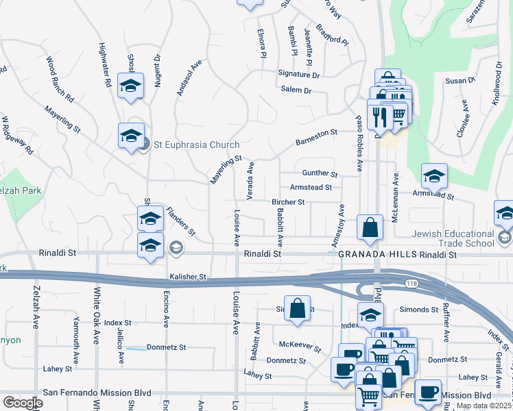map of restaurants, bars, coffee shops, grocery stores, and more near 17242 Bircher Street in Los Angeles