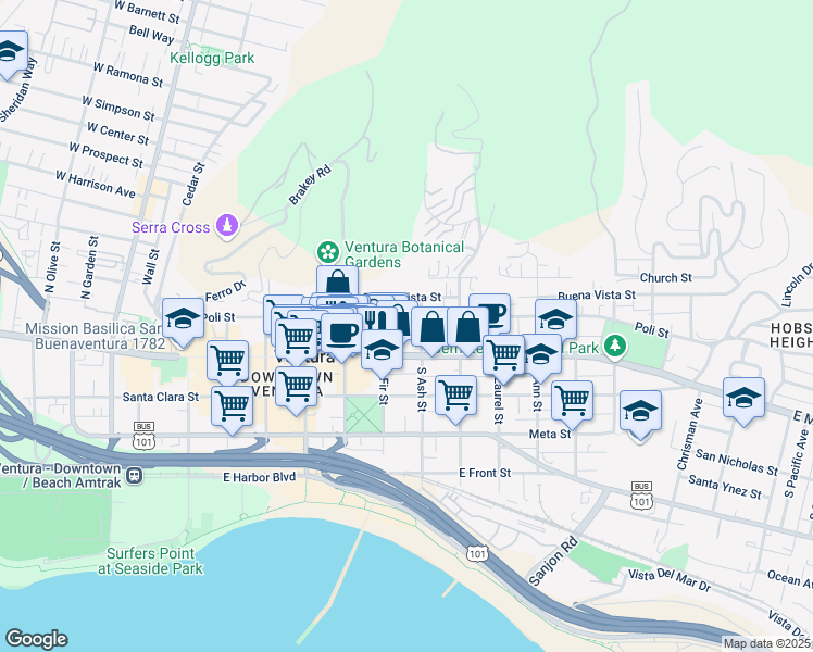 map of restaurants, bars, coffee shops, grocery stores, and more near 765 Poli Street in Ventura