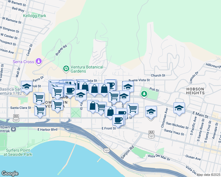 map of restaurants, bars, coffee shops, grocery stores, and more near 79 North Laurel Street in Ventura