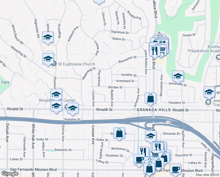 map of restaurants, bars, coffee shops, grocery stores, and more near 17200 Bircher Street in Los Angeles