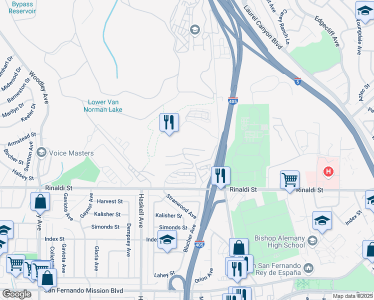 map of restaurants, bars, coffee shops, grocery stores, and more near 15608 Crestview Lane in Los Angeles