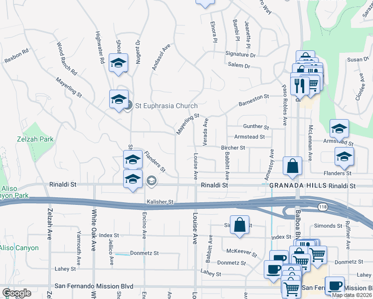 map of restaurants, bars, coffee shops, grocery stores, and more near 17316 Bircher Street in Los Angeles