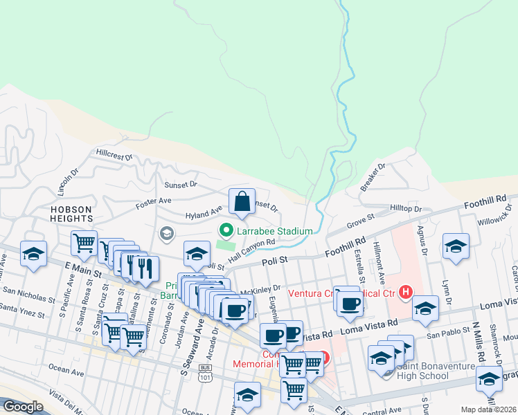 map of restaurants, bars, coffee shops, grocery stores, and more near 2453 Sunset Drive in Ventura