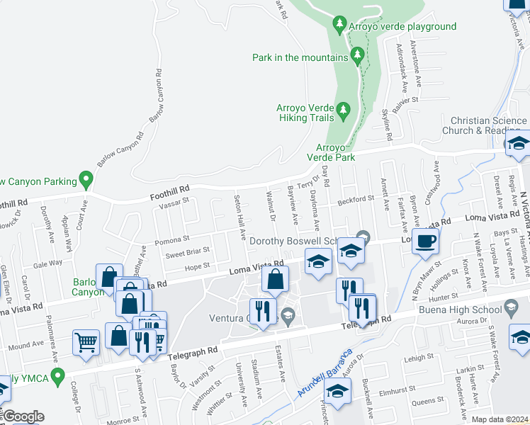 map of restaurants, bars, coffee shops, grocery stores, and more near 343 Walnut Drive in Ventura
