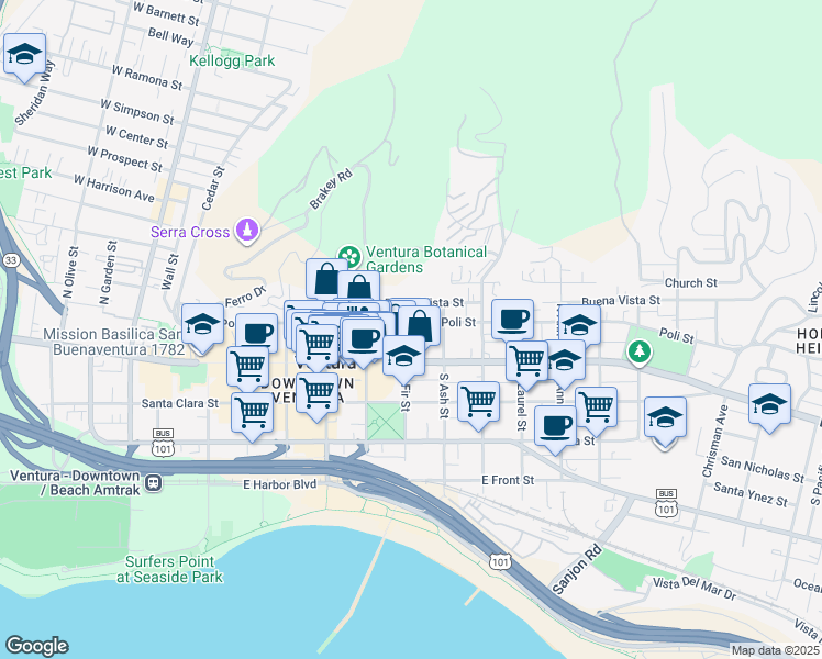map of restaurants, bars, coffee shops, grocery stores, and more near 121 North Fir Street in Ventura