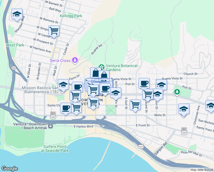map of restaurants, bars, coffee shops, grocery stores, and more near 567 Poli Street in Ventura