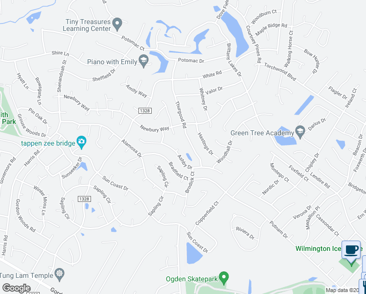 map of restaurants, bars, coffee shops, grocery stores, and more near 7123 Thurgood Road in Wilmington