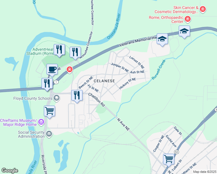 map of restaurants, bars, coffee shops, grocery stores, and more near 18 Elmwood Street Northeast in Rome