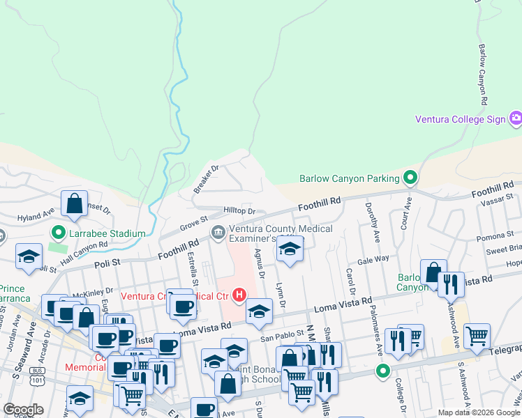 map of restaurants, bars, coffee shops, grocery stores, and more near 3359 Hilltop Drive in Ventura