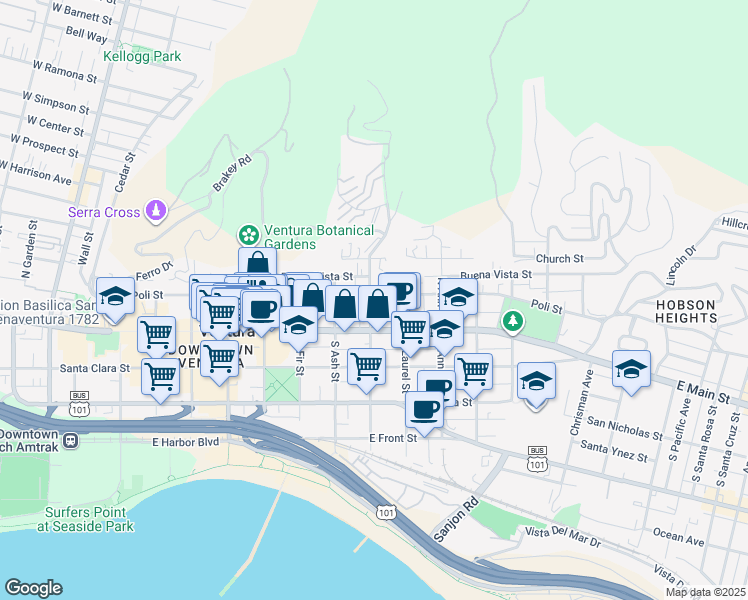 map of restaurants, bars, coffee shops, grocery stores, and more near 902 Poli Street in Ventura