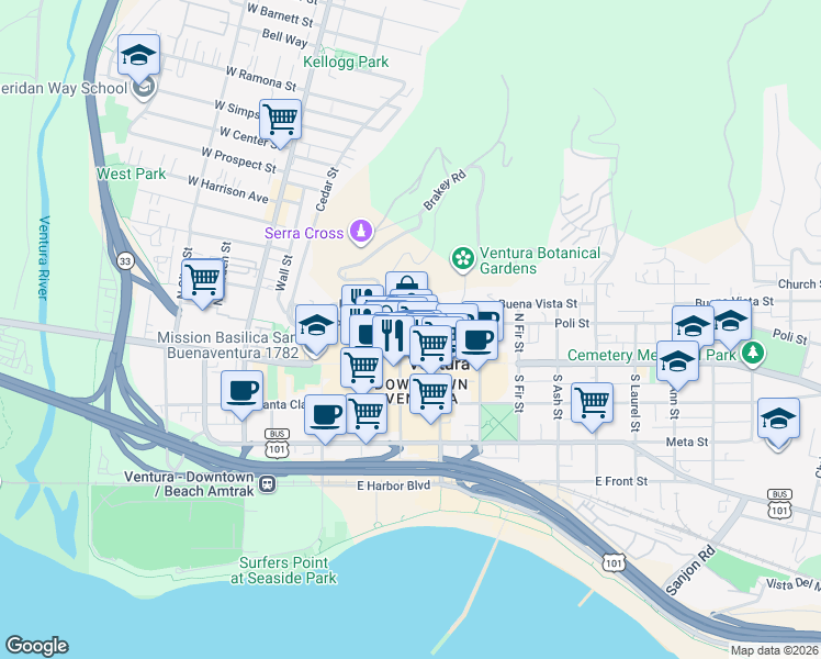 map of restaurants, bars, coffee shops, grocery stores, and more near 371 Poli Street in Ventura