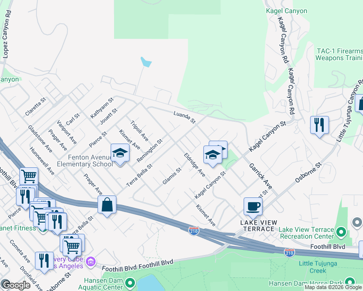 map of restaurants, bars, coffee shops, grocery stores, and more near 11640 Eldridge Avenue in Los Angeles