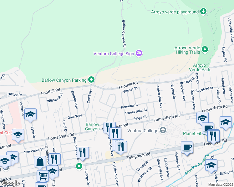map of restaurants, bars, coffee shops, grocery stores, and more near 4321 Vassar Street in Ventura