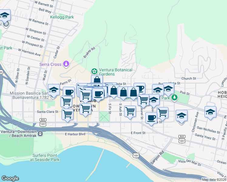 map of restaurants, bars, coffee shops, grocery stores, and more near 765 Poli Street in Ventura