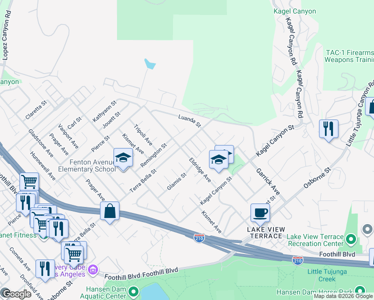 map of restaurants, bars, coffee shops, grocery stores, and more near 11640 Eldridge Avenue in Los Angeles