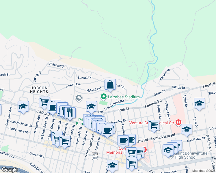 map of restaurants, bars, coffee shops, grocery stores, and more near 2381 Hyland Avenue in Ventura