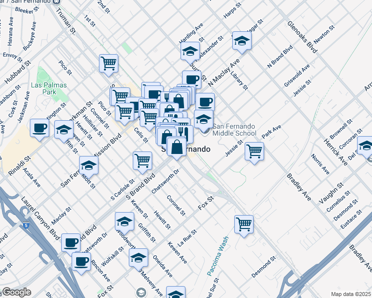 map of restaurants, bars, coffee shops, grocery stores, and more near 1206 Mountain View Street in San Fernando