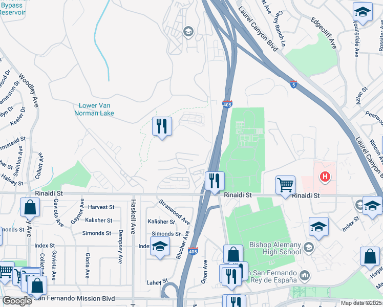 map of restaurants, bars, coffee shops, grocery stores, and more near 15555 Crestview Lane in Los Angeles
