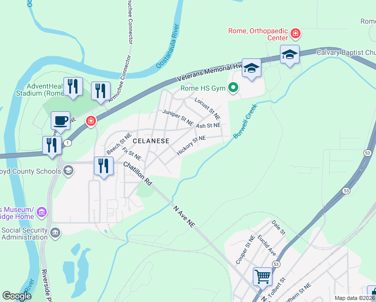 map of restaurants, bars, coffee shops, grocery stores, and more near 23 Hickory Street in Rome