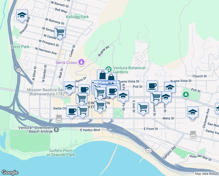 map of restaurants, bars, coffee shops, grocery stores, and more near 570 Poli Street in Ventura
