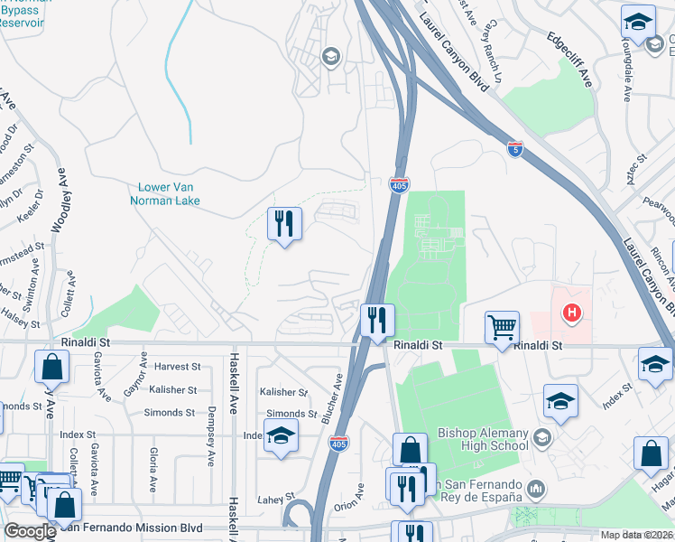 map of restaurants, bars, coffee shops, grocery stores, and more near 15575 Crestview Lane in Los Angeles