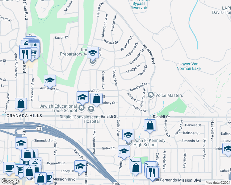 map of restaurants, bars, coffee shops, grocery stores, and more near 16410 Armstead Street in Los Angeles