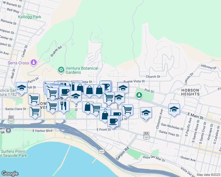 map of restaurants, bars, coffee shops, grocery stores, and more near 1010 Poli Street in Ventura