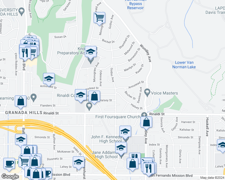 map of restaurants, bars, coffee shops, grocery stores, and more near 16410 Armstead Street in Los Angeles
