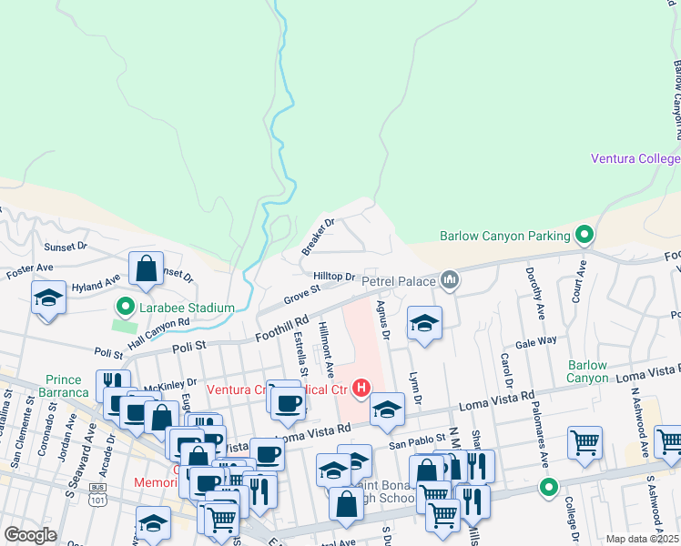 map of restaurants, bars, coffee shops, grocery stores, and more near 3194 Island View Drive in Ventura