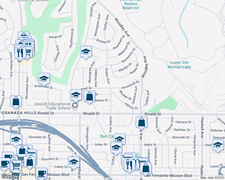 map of restaurants, bars, coffee shops, grocery stores, and more near 16415 Armstead Street in Los Angeles