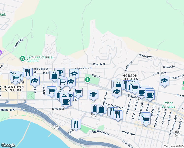 map of restaurants, bars, coffee shops, grocery stores, and more near 1355 Poli Street in Ventura