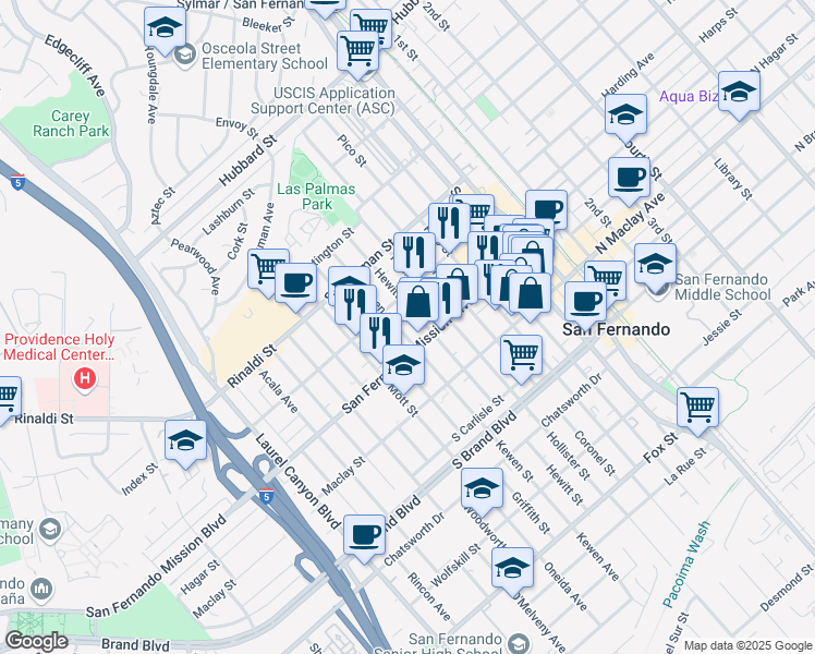 map of restaurants, bars, coffee shops, grocery stores, and more near 1236 Hewitt Street in San Fernando