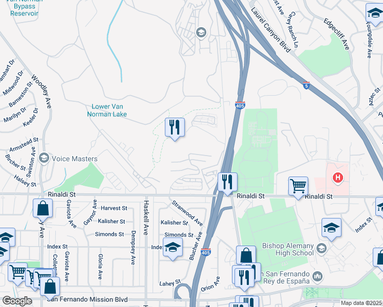 map of restaurants, bars, coffee shops, grocery stores, and more near 15575 Crestview Lane in Los Angeles